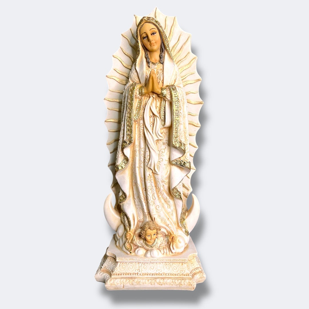 Virgen de Guadalupe Blanca en Acabados Dorados 30cm