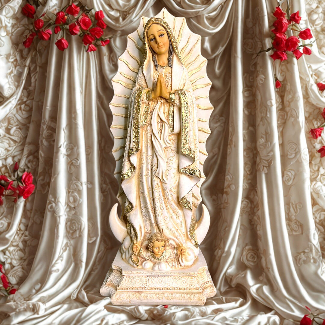Virgen de Guadalupe Blanca en Acabados Dorados 30cm